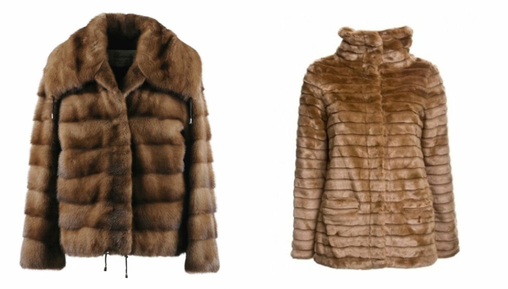 EKTE OG FAKE? Hvilken er hva? Ser du forskjell? Den til venstre er ekte pels i mink fra Stampe Pels i Danmark (stampe-pels.dk). Til høyre ser du en langt rimeligere fakevariant fra Selected Femme.