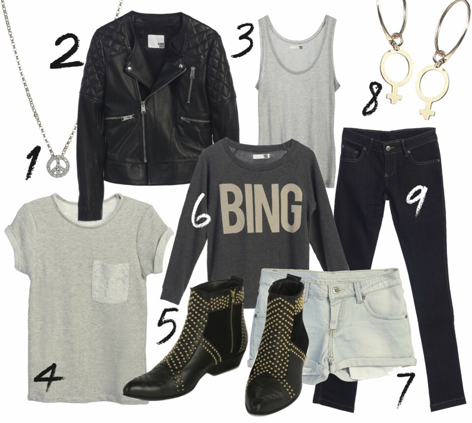 LUKSERIØS DESIGN: 1: Peacesmykke, kr 4627. 2: Skinnjakke, kr 5865. 3: Singlet, kr 435. 4: Topp, kr 699. 5: Boots, kr 4100. 6: Genser, kr 875. 7: Shorts, kr 610. 8: Ørepynt, kr 860. 9: Jeans, kr 1000.