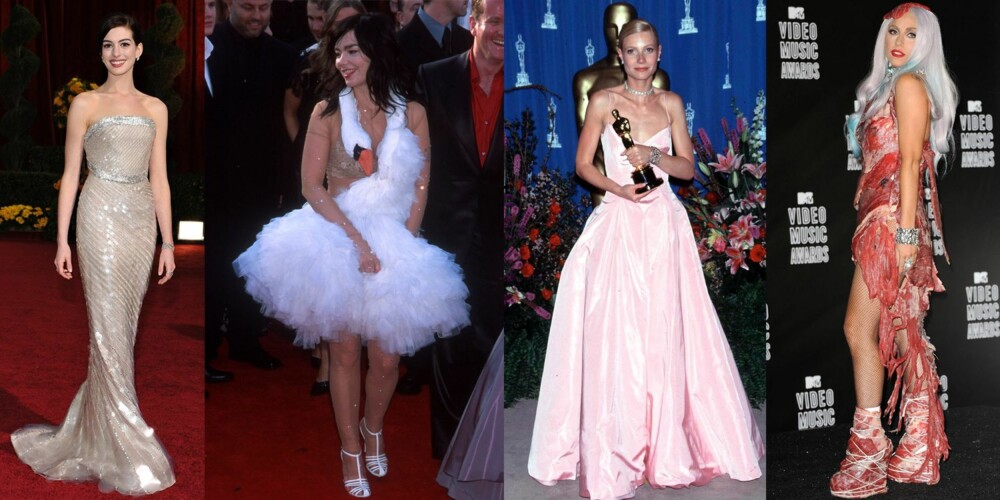 WIKI-KJOLER: Havfruekjolen til Anne Hathaway, svanekjolen til Björk, Gwyneth Paltrow i den rosa kjolen fra Ralph Lauren og Lady Gagas kjøttkjole.