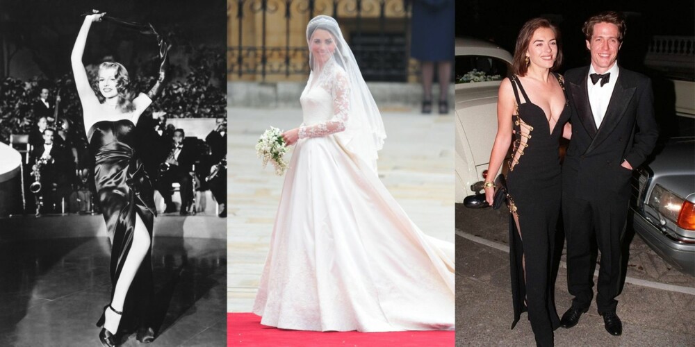 VAKRE: Rita Hayworth i den ikoniske svarte satengkjolen, brudekjolen til Kate Middleton og sikkerhetsnålkjolen til Elisabeth Hurley.