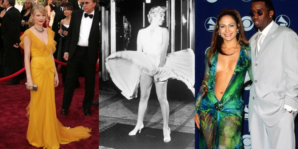UFORGLEMMELIG: Michelle Williams i safranfarget Vera Wang, Marilyn Monroe i sin legendariske hvite kjole og Jennifer Lopez i den gjennomsiktige Versace-kjolen.