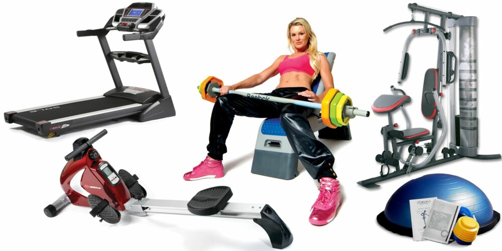 DYRERE: Her er priseksempler på løsninger som både krever god plass og stor lommebok. SOLE F85 tredemølle, 19.999 kr. Romaskin, Abilica C-Rower, 6000 kr. Vektstang, Reebok Pump rep-set, 1999 kr. Multiapparat, Weider Pro 5500 Multigym, 7999 kr. Bosuball Home, 1200 kr. Dessuten:  Ergometersykkel, Merida Spin Pro, 12.499 kr.