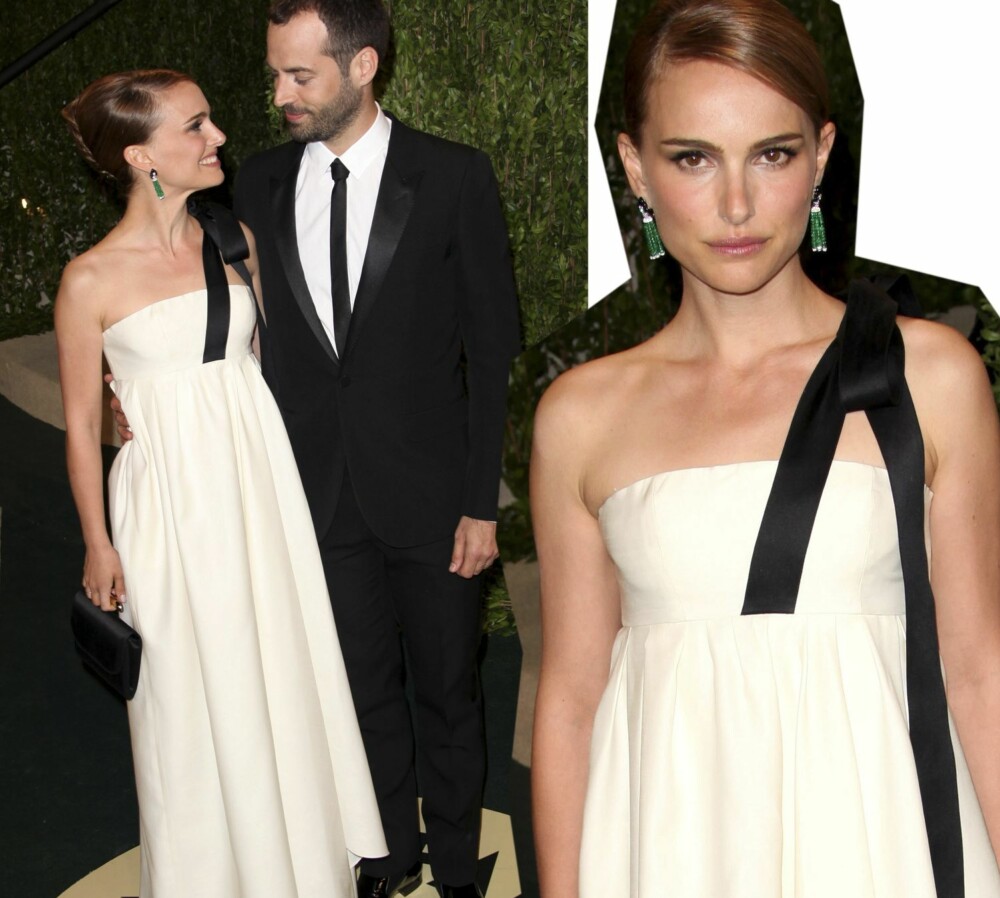 FAVORITT: Natalie Portman valgte en enkel, kul kjole i svart og hvitt. Her med ektemannen Benjamin Millepied.