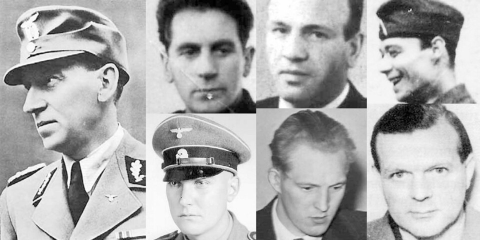 Tjenestemenn i statspolitiet, øverst fra venstre: Karl A. Marthinsen, Einar Olav C. Dønnum, Sverre Thorhus, Gunnar Walter Stake, Holger Tou, Olav Aspheim og Ole Wehus.
