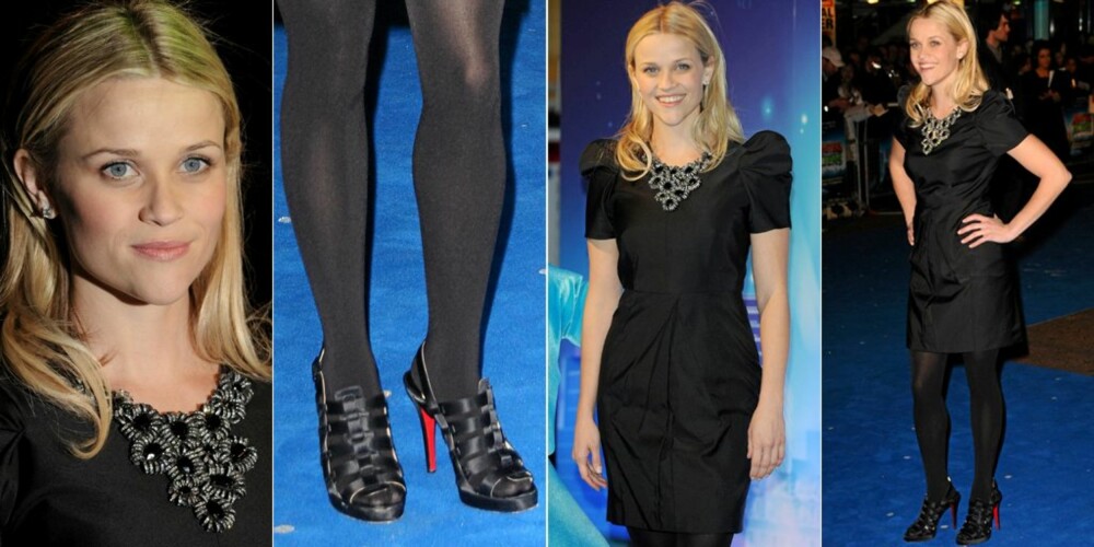 DEN LILLE SORTE: Reese Witherspoon hadde valg tå kle seg i "den lille sorte" med matchende strømpebukser og sko.