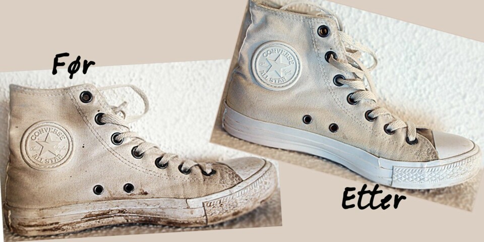 SKOVASK: Før og etter vask. De var ganske skitne før vi startet! Og de ble mye renere, dog ikke helt snøhvite igjen.