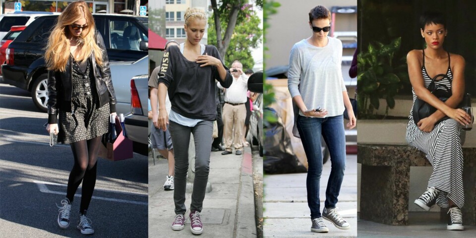«ALLE» HAR ET PAR: Converse passer til det meste og de fleste, og er en sikker vinner når våren står for tur. Fra venstre: Whitney Port, Jessica Alba, Charlize Theron og Rihanna.