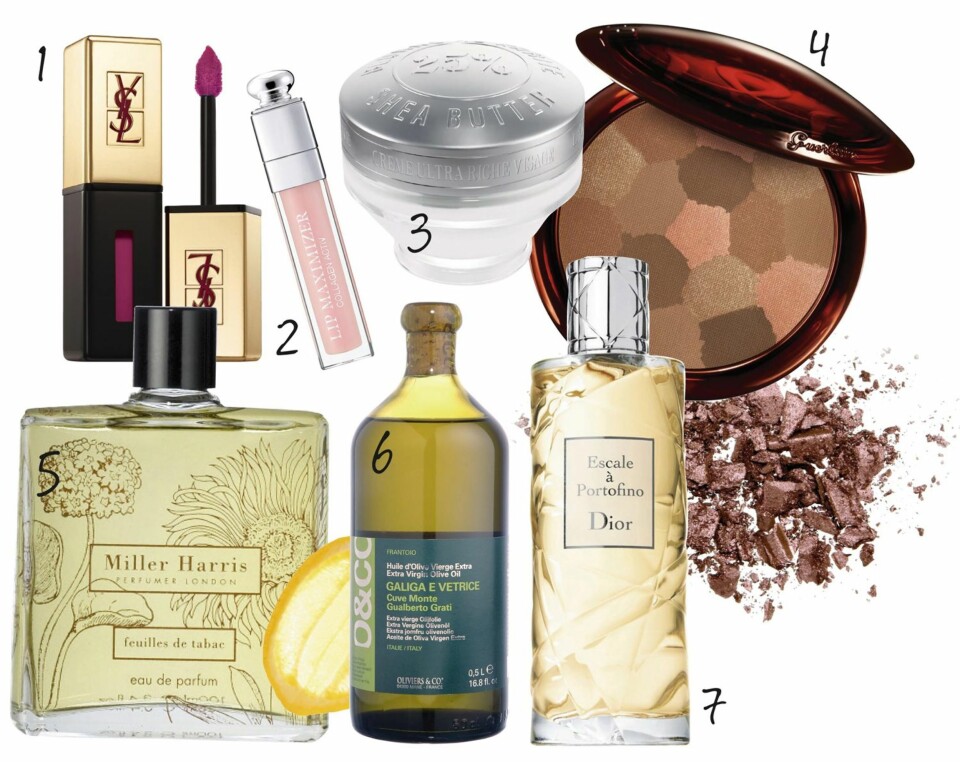 1. Lipglossen Vernis à Lévres i fargen fuchsia doré sitter lenge på leppene, kr 295,- 2. Lip Maximizer fra Dior gjør leppene mer voluminøse, kr 310,- 3. Shea ultra rich face cream fra L'Occitane, kr 329,- 4. Terracotta solpudder fra Guerlain, kr 310,- 5. Parfymen Feuilles de tabac fra Miller Harris har noter av tobakk, tre, løv og krydder, kr 560,- 6. Olivenolje fra Oliviers & co, kr 299,- Miks oljen med litt sukker, sitron og kaffegrut, og du har en deilig skrubbekrem! 7. Parfymen L'escale a Portofino fra Dior, kr 675,-