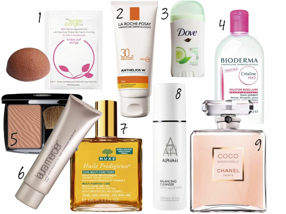 1. Konjac Sponge Pink Clay, ansiktssvamp for dehydrert og sensitiv hud, kr 139,- 2. Solkrem fra La Roche-Posay Anthelios Melt-In Cream, spf 30, kr 184,- 3. Dove Fresh Touch deodorant, kr 45,- 4. Bioderma Créaline H2O sminkefjerner fra Bioderma, kr 123,- 5. Solpudderet Soleil Tan Chanel i Terre Epice no.62, kr 450,- 6. Tinted Moisturizer fra Laura Mercier, kr 320,- 7. Huile Prodigieuse Oil fra Nuxe gir næring og beskytter både hud og og hår og kan brukes overalt, kr 245,- 8. Rensekremen Balancing Cleanser fra Alpha-H, kr 345,- 9. Parfymen Coco Mademoiselle fra Chanel, kr 1090,- for 100 ml.