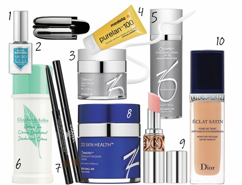 1. Klarlakk som beskytter neglene og gjør dem glansfulle. Nail Wonder Micro Cell 2000/Vitus Apotek, kr 119,- 2. Noir G Mascara fra Guerlain, kr 470,- 3. Growth Factor Serum fra Obagi gjør huden sterkere, kr 1750,- 4.Medela Purelain brystvortekrem fra Vitus Apotek, kr 99,- 5. Sunscreen + Primer med spf 30 fra Obagi, kr 850,- 6. Green Tea Deodorant fra Elizabeth Arden, kr 205,- 7. Stylo Yeux Kajal fra Chanel, kr 225,- 8. Overnight Recovery Cream fra Obagi, kr 960,- 9. Volupte Sheer Candy Lipgloss fra YSL i fargen juicy grapefruit, kr 295,- 10. Foundation Eclat Satin fra Diorskin glir fint inn i huden, kr 400,-