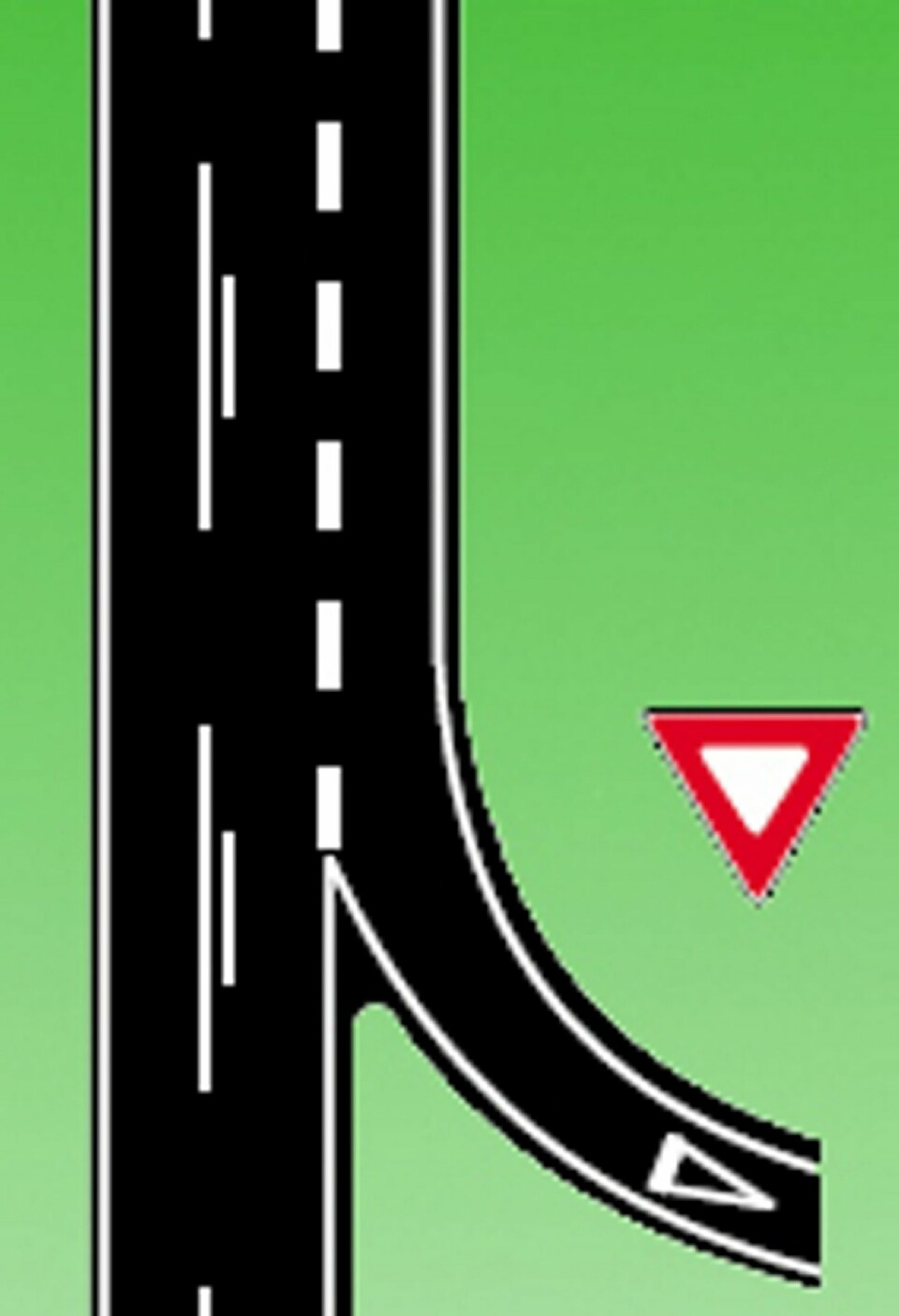 VIKEPLIKT: Ved vikeplikt vil skillelinjen fortsette til akselerasjonsfeltet slutter, dette er for å understreke at her skal vikeplikten overholdes.