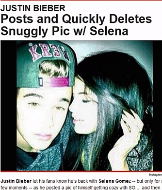 KOSELIG: Justin og Selena ser ut til å trives i hverandres selskap. Dette bildet la Justin ut på Instagram søndag kveld, men fjernet det kort tid etterpå.