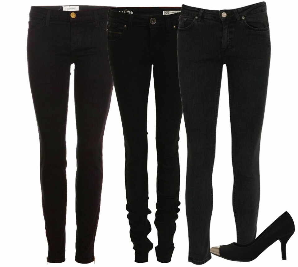 SVARTE: Fra venstre: Current Elliot, kr 1400. Tommy Hilfiger, kr 899. Acne, kr 1200. Sko fra Bianco, kr 349.