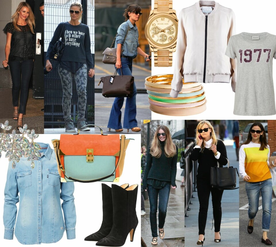 STYLING: Denimskjorte fra Dobber/MQ, kr 599. Øredobber fra Lindex, kr 79,50.Oransje og turkis veske fra Asos, kr 365. Svarte boots fra InWear, kr 3099. Klokke fra Michael Kors, kr 2150. Armbånd fra Friis & Company, kr 199. Hvit bomberjakke fra FWSS, kr 1699.T-skjorte fra Ganni, kr 449.