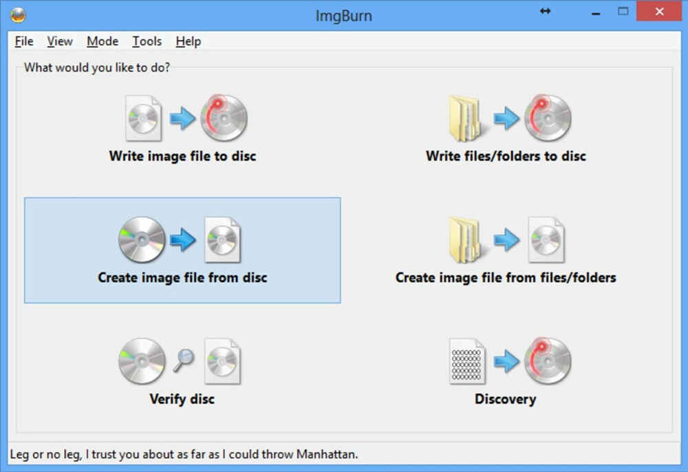 3. Hvis du har en DVD med Windows på, kan du gjøre om denne til en ISO-fil ved hjelp av PC-programmet ImgBurn. Søk det opp i Google og installer det på en windowsmaskin med optisk enhet. Velg «Create image file from disc», og gjør ISO-filen som blir laget tilgjengelig på Mac-en du skal installere Windows på, for eksempel ved å legge den på harddisken.