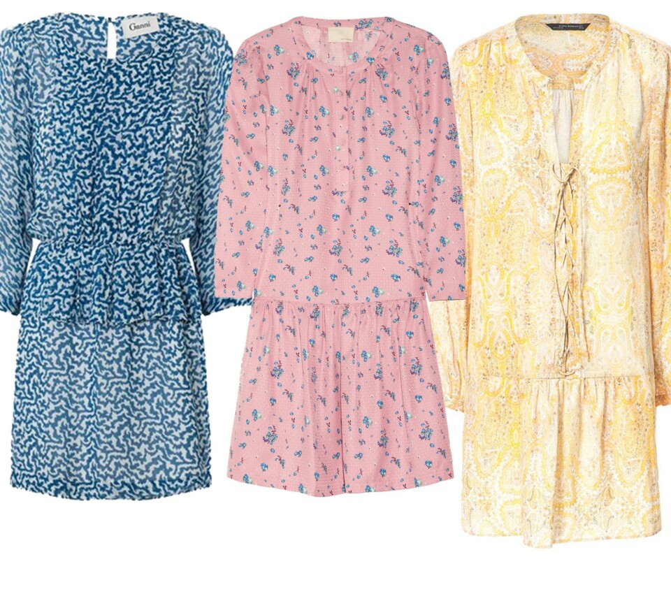 MALERISKE MØNSTRE: Fra venstre: Ganni, kr 999. Band Of Outsiders/net-a-porter.com, kr 2200. Zara, kr 559.