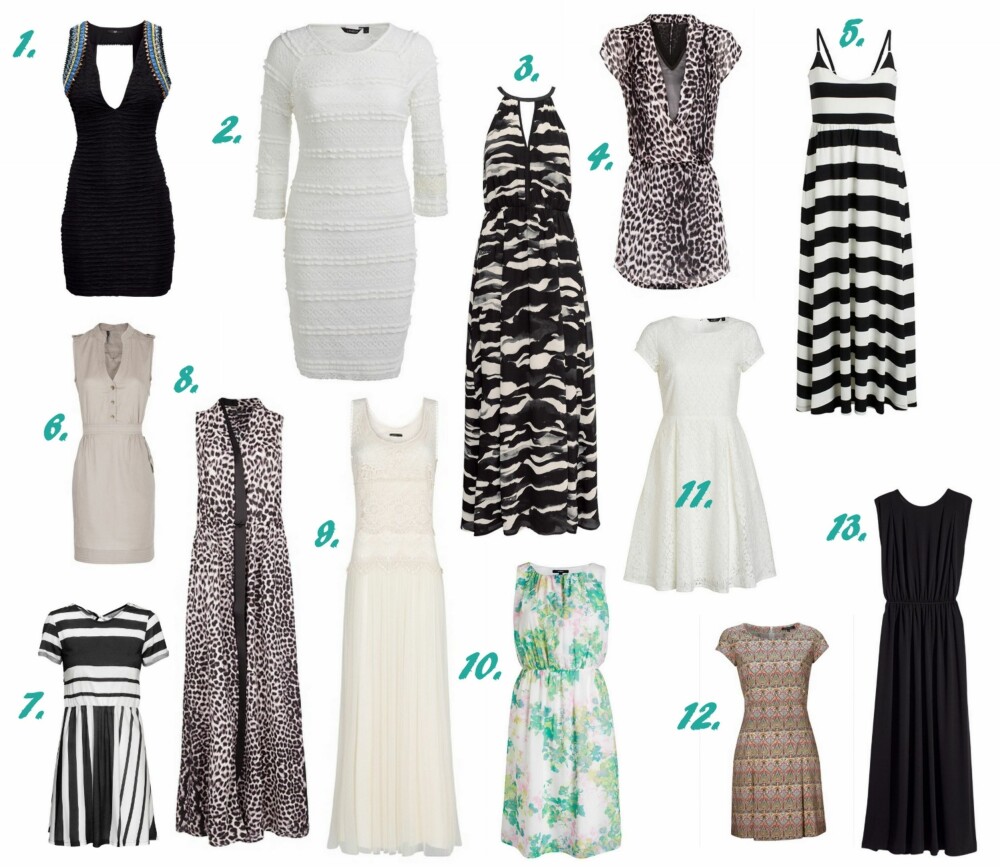 KJOLER ER FINERE ENN DU TROR: 1. Kjole fra H&M (kr 199), 2. Blondekjole fra Lindex (kr 199), 3. Maxi-kjole fra H&M (kr 199), 4. Leopardprint Chiffon Kjole fra Mango (kr 449), 5. Maxi-kjole fra Lindex (kr 199), 6. Linkjole fra Mango (kr 299), 7. Trikotkjole fra H&M (kr 149), 8. Leopard maxi-kjole fra Mango (kr 999), 9. Tyll og Crochet kjole fra Mango (kr 499), 10. Blomster-kjole fra Lindex (kr 199), 11. Kjole fra Lindex (kr 299), 12. Kjole fra Marc O'Polo (kr 1499), 13. Lang kjole fra H&M (kr 399).