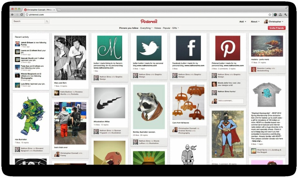 MIN FORSIDE: Slik ser forsiden til Pinterest ut. Bildene er et utvalg fra venners bilder og temaer på abonnerer på.