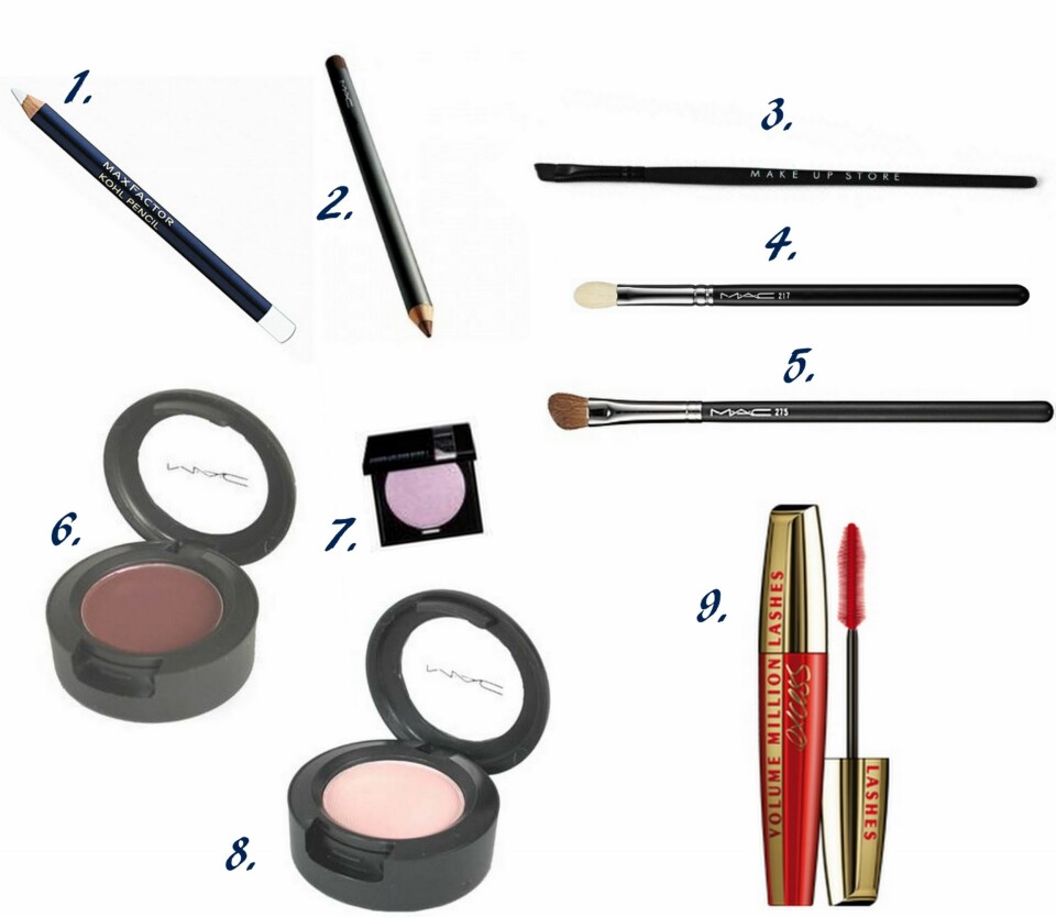 PRODUKTER BRUKT: 1. Kohl Pencil i fargen White fra Max Factor (kr 75), 2. Eye Kohl i fargen Teddy fra MAC (kr 140), 3. Synthetic Brow Brush Angle #210 (kr 115), 4. Blending Brush #217 fra MAC (kr 195), 5. Medium Angled Brush #275 fra MAC (kr 230), 6. Eyeshadow i fargen Folie fra MAC (kr 160), 7. Eyeshadow i fargen Star Purple fra Make Up For Ever (kr 161), 8. Eyeshadow i fargen Orb fra MAC (kr 160), 9. Volume Million Lashes Excess fra L'Oréal Paris (kr 179).