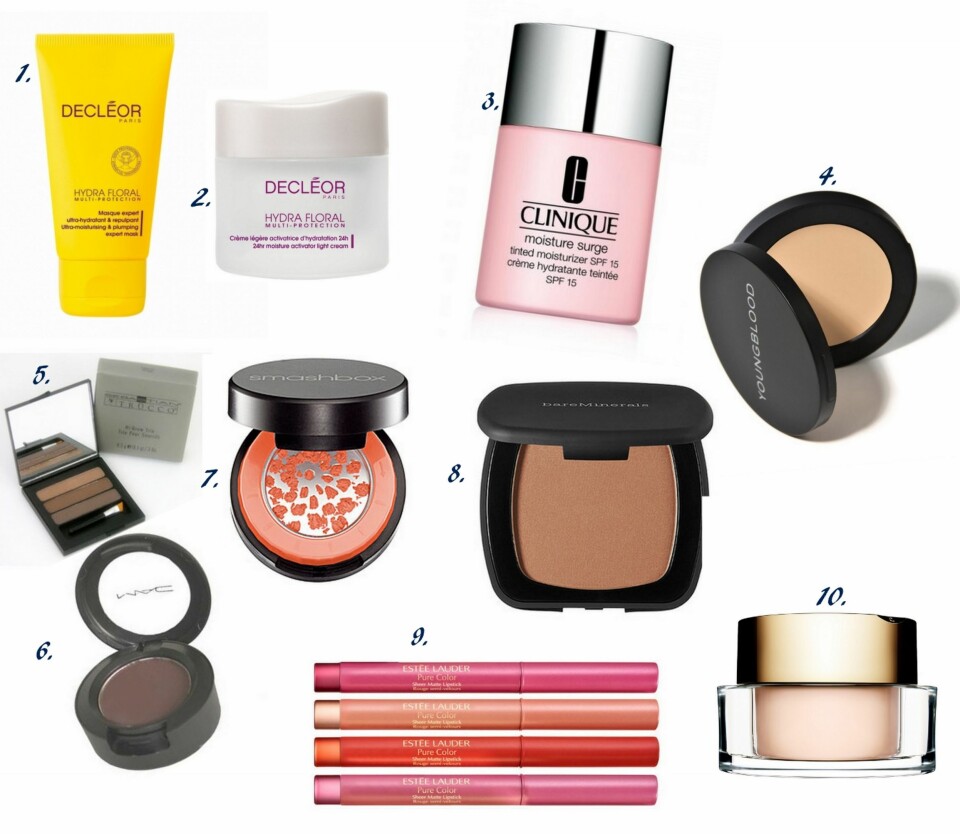 PRODUKTER BRUKT I VIDEO: 1. Hydra Floral Ultra-Moisturising & Plumping Expert Mask fra Decléor (kr ), 2. Hydra Floral 24hr Moisture Activator fra Decléor (kr ), 3. Moisture Sure Tinted Moisturizer fra Clinique (kr 285), 4. Ultimate Concealer fra Youngblood (kr 340), 5. Hi-Brow Trio fra Trucco (kr 520), 6. Eyeshadow i fargen Mystery fra MAC (kr 160), 7. Halo Long Wear Blush i fargen Peachy Dream fra Smashbox (kr 220), 8. Ready Bronzer i fargen The Skinny Dip fra Bare Minerals (kr 239), 9. Pure Color Sheer Matt Lipstick fra Esteé Lauder (kr ), 10. Mineral Loose Powder Translucent Radiant Finish fra Clarins (kr 285).