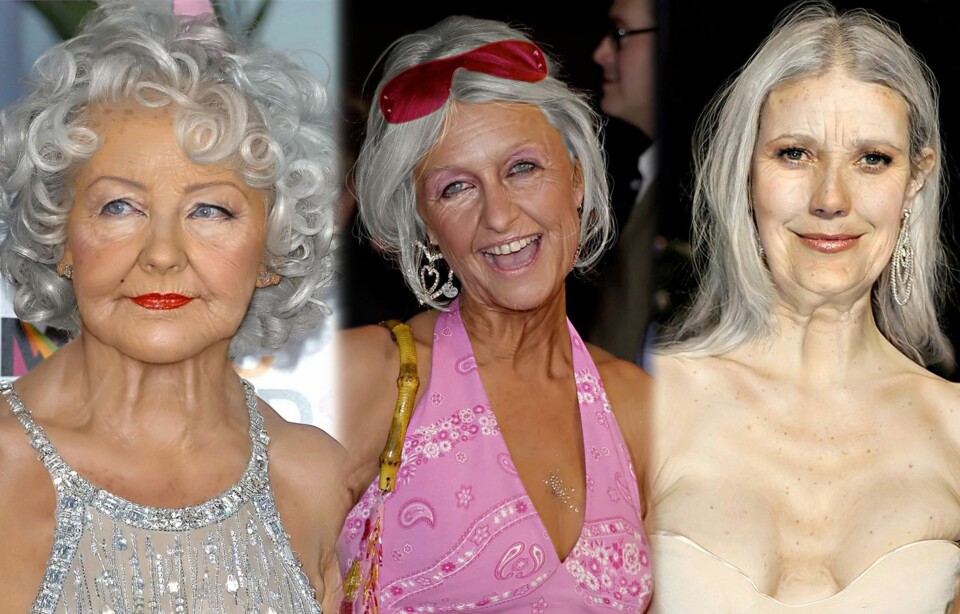 KJENDISER: Vi lo godt da vi fant disse bildene på bildebyrået. I en Photoshop-konkurranse fikk deltakerne i oppgave å manipulere kjendiser til å se gamle ut. Ser du hvem de er? Christina Aguilera til venstre, Paris Hilton i midten og Gwyneth Paltrow til høyre.