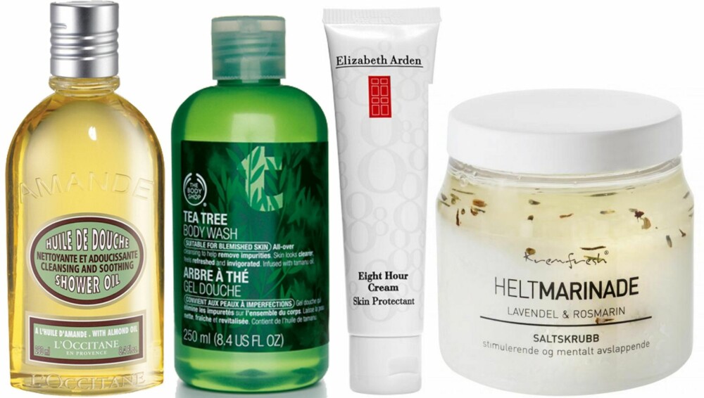 TIL KROPP: Fra venstre: L`Occitane Almond Shower Oil, kr 189. The Body Shop Tea Tree Body Wash, kr 89. Eight Hour Cream fra Elizabeth Arden, kr 389. Saltskrubb fra Krem Fresh, kr 349.