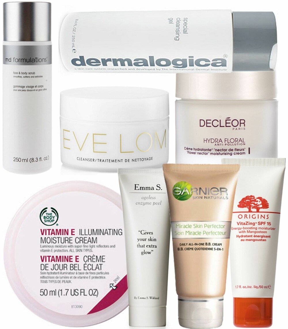 TIL ANSIKT: Øverst fra venstre: MD Formulations Face and Body Scrub, kr 498. Dermalogica Special Cleansing Gel, kr 350. Eve Lom Cleanser, kr 575. Decleor Hydra Floral, kr 399. Vitamin E Moisture Cream fra The Body Shop, kr 149. Emma S Ageless Enzyme Peel, kr 269. Garnier Miracle Skin Perfector, kr 89. VitaZing fra Origins, kr 330. TIL ANSIKT: Øverst fra venstre: MD Formulations Face and Body Scrub, kr 498. Dermalogica Special Cleansing Gel, kr 350. Eve Lom Cleanser, kr 575. Decleor Hydra Floral, kr 399. Vitamin E Moisture Cream fra The Body Shop, kr 149. Emma S Ageless Enzyme Peel, kr 269. Garnier Miracle Skin Perfector, kr 89. VitaZing fra Origins, kr 330.