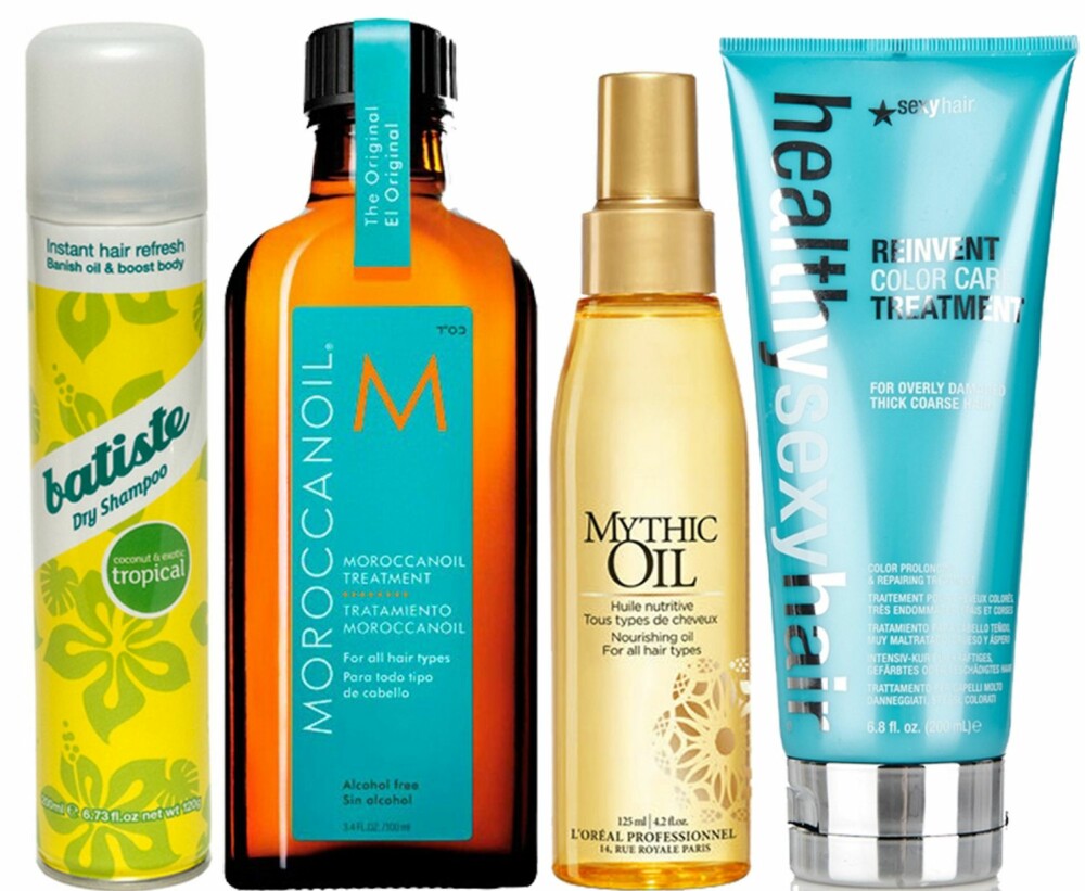 TIL HÅR: Fra venstre: Batiste tørrshampoo, kr 79. Moroccanoil, kr 299. L'Oréal Professionnel Mythic Oil, kr 255.  Healthy Sexy Hair Reinvent Color Care Treatment - Thick Hair, kr 179.