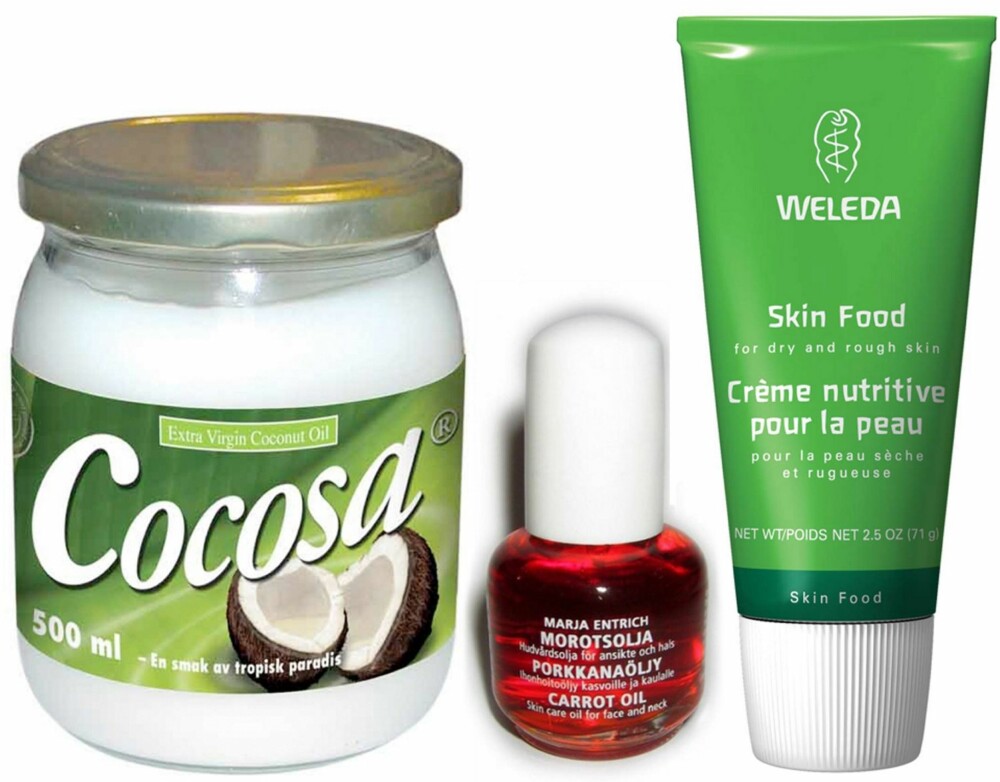 NATURPRODUKTER: Fra venstre: Cocosa kokosolje, kr 119. Gulrotolje fra Marja Entrich, kr 229. Weleda Skin Food, kr 175.