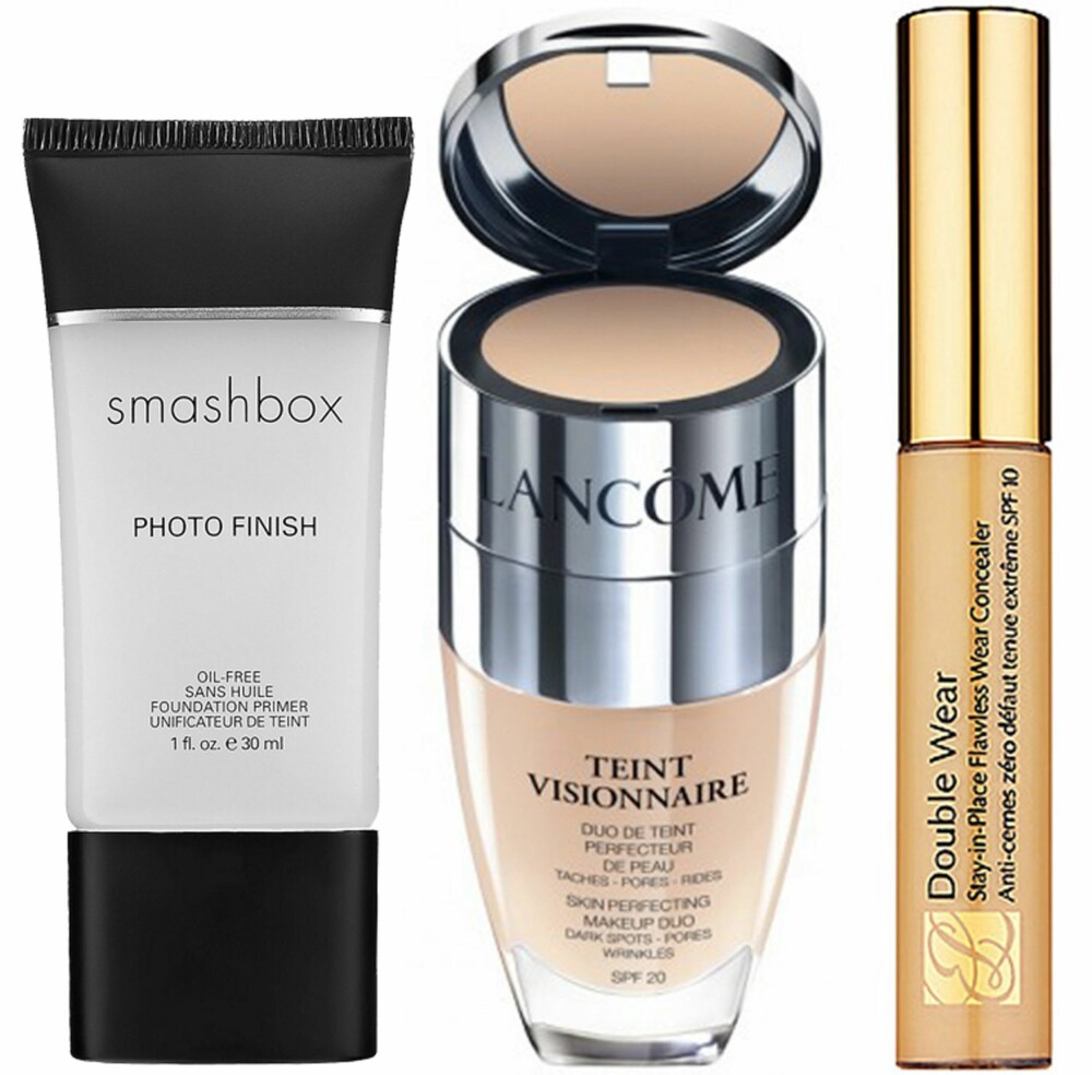 SMINKE: Fra venstre: Smashbox Photo Finish Primer, kr 260. Lancôme Teint Visionnaire, kr 440. Estée Lauder Double Wear Stay-in-Place Flawless Wear Concealer, kr 230.