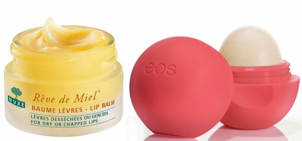 TIL LEPPER: Lip Balm fra Nuxe, kr 129. EOS Lip Balm, kr 79.