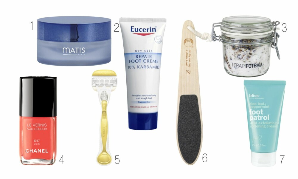 1.Matis Nourishing balm hands and feet, kr 399. Denne fotkremen er rik på fukt og styrker neglene. Kan brukes på både føtter og hender. 2. Eucerin repair foot creme, kr 139. Mykgjørende fotkrem til tørr, hard og sprukken hud. 3. Kremfresh Terapifotbad, kr 199. Mykgjørende og energi-givende fotbad for trette føtter. 4. Chanel Le vernis neglelakk i fargen Lilis, kr 225. Sett farge på føttene med en korallfarget neglelakk. Ser superfresht ut til brune ben og lekre sandaler. 5. Venus barber-høvel, kr 195. Med en høvel er det lett å holde bena hårfri og denne barberhøvelen gjør hårfjerning skånsomt og lett. 6. The Body Shop fot fil, kr 98. Digg fotfil som raskt filer bort tørr hud under føttene. 7. Bliss Aloe leaf + peppermint foot patrol, kr 199. Denne kjølende og pleiende fotkremen gjør underverker for trøtte og hovne ben. Gir masse fukt og fett og lukter superdigg.