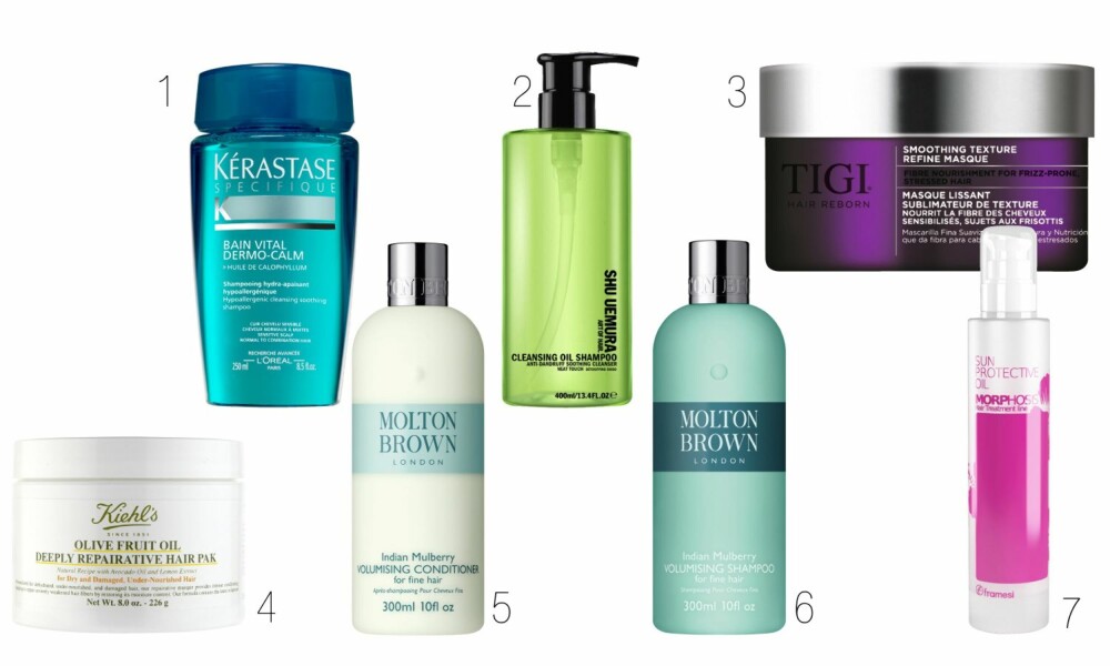 1. Kerastase Bain vital dermo-calm, kr 245. Rensende og beroligende sjampo som etterlater håret mykt og smidig. 2. Shu Uemura Cleansing oil shampoo, kr 470. Luksuriøs rensesjampo som er perfekt for alle hårtyper. 3.Tigi Smoothing texture refine masque, kr 350. Hårmasken som skal gi rikelig med fukt og glans til håret. 4. Kiehl's Olive fruit oil repairative hair pack, kr 260. En god og næringsrik hårmaske som passer perfekt for slitt og skadet hår. 5. Molton Brown conditioner, kr 199. Velduftende sjampo som gir håret volum og spenst. 6. Molton Brown Volumising conditioner, kr 199. Velduftende sjampo som gir håret volum og spenst. 7. Framesi Morphosis sun protective oil, kr 219. En pleiende olje i tørt og slitt hår gjør underverker. Ved å klemme litt olje inn i lengdene før vask vil også tørt hår bli mykere og mer glansfullt.