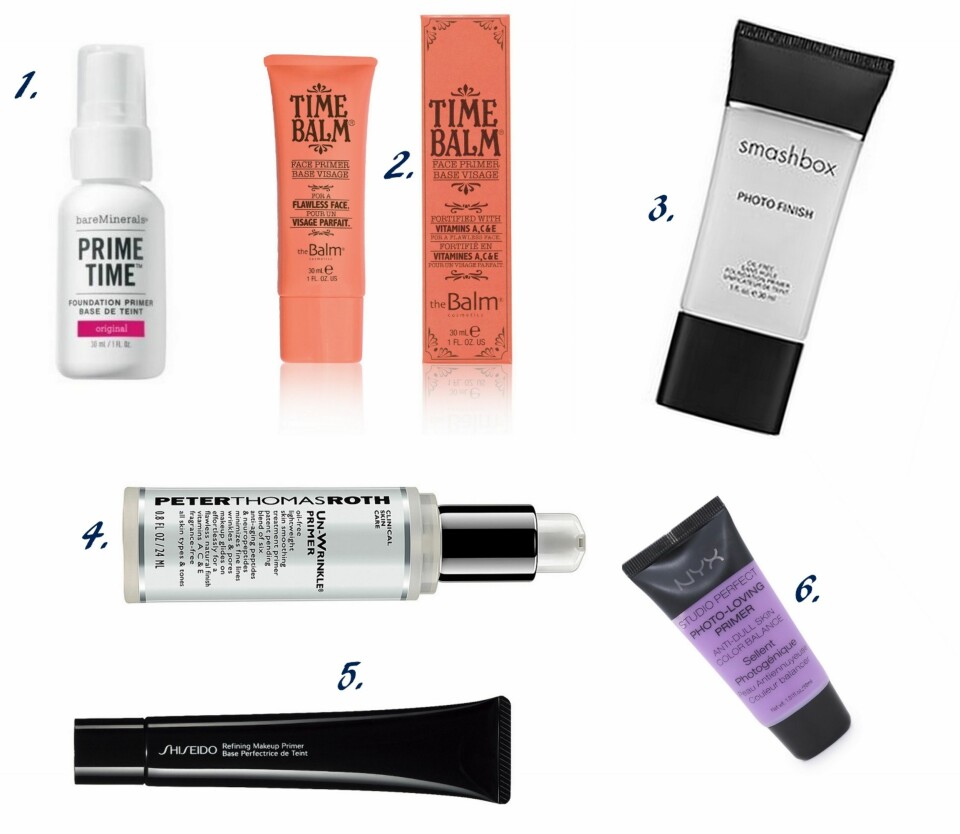 GODE PRIMERE I/II: 1. Prime Time Foundation Primer fra Bare Minerals (kr 215), 2. Time Balm Face Primer fra The Balm (kr 249), 3. Photo Finish Primer fra Smashbox (kr 260), 4. Un-Wrinkle Primer fra Peter Thomas Roth (kr 355), 5. Refining Makeup Primer fra Shiseido (kr 369), 6. Studio Perfect Primer Anti Dull Skin fra Nyx Cosmetics (kr 250.