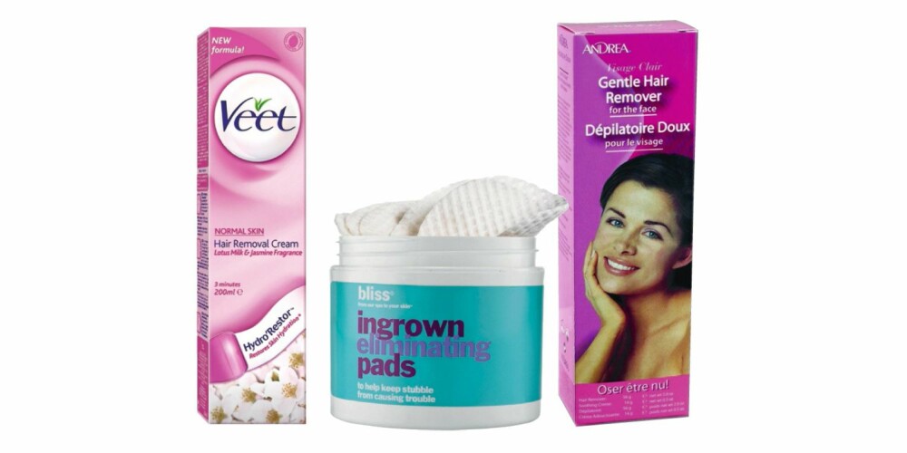 HÅRFJERNINGSKREM: Fra venstre: Veet Hair removal cream, kr 94. Bliss ingrown eliminating pads, kr 379. Andrea hårfjerningskrem, kr 89.