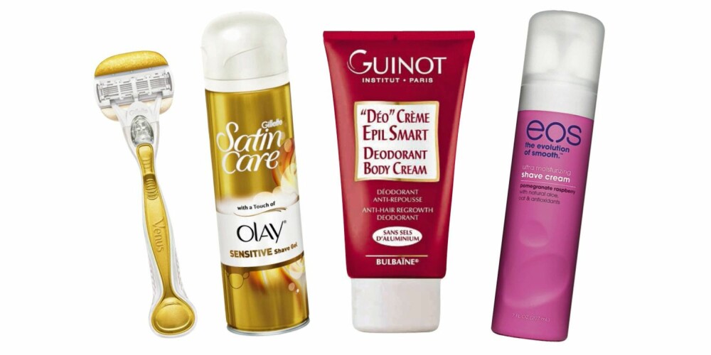 BARBERING: Fra venstre: Venus barberhøvel, kr 195 og barbergelé, kr 49. Guinot Deodorant Body cream, kr 239. Eos Shaving cream, kr 89. BARBERING: Fra venstre: Venus barberhøvel, kr 195 og barbergelé, kr 49. Guinot Deodorant Body cream, kr 239. Eos Shaving cream, kr 89.
