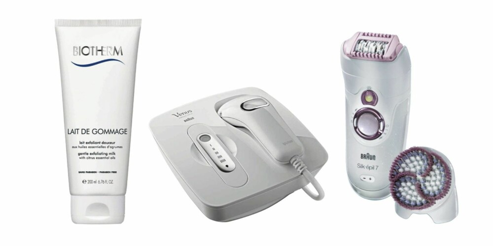 TEKNISK HÅRFJERNING: Fra venstre: Biotherm Lait de Gommage, kr 235. Braun Venus naked skin, kr 3990. Braun epilator, kr 999.