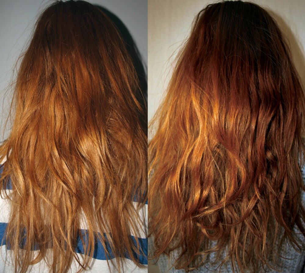 FØR OG ETTER: Bildet til venstre viser håret før honningmetoden, mens bildet til høyre viser etter. Ikke store forskjellen, men faktisk litt mer definerte krøller på bilde nummer to.