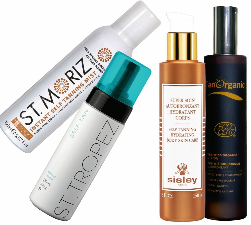 GIR EN NATURLIG FARGE: Fra venstre: Instant Self Tanning Mist fra St.Moriz, kr 89. Bronzing Mousse fra St.Tropez, kr 439. Self Tanning Hydrating Body Skin Care fra Sisley, kr 715. Certified Organic Self Tan fra Tan Organic fra Tan Organic, kr 160.