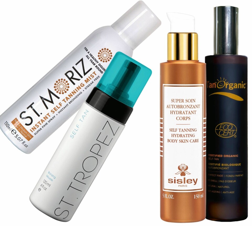 GIR EN NATURLIG FARGE: Fra venstre: Instant Self Tanning Mist fra St.Moriz, kr 89. Bronzing Mousse fra St.Tropez, kr 439. Self Tanning Hydrating Body Skin Care fra Sisley, kr 715. Certified Organic Self Tan fra Tan Organic fra Tan Organic, kr 160.
