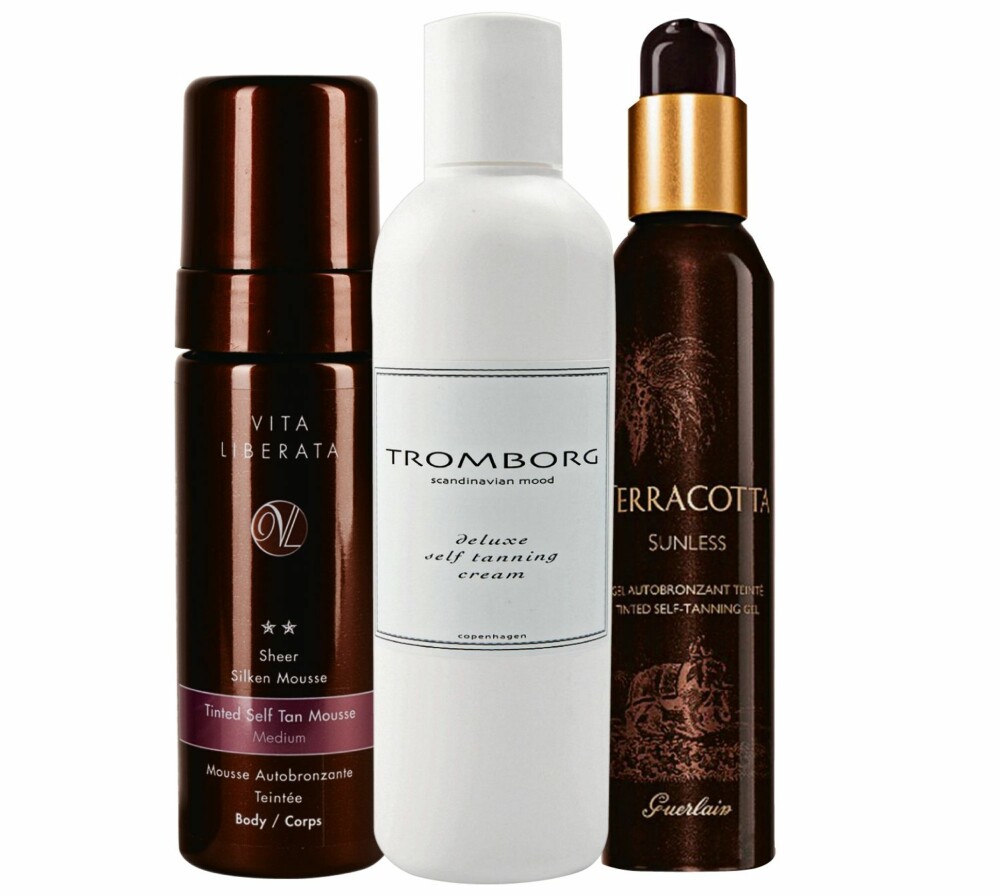 GIR GLØD: Fra venstre: Tinted Self Tan Mousse fra Vita Liberata, kr 379. Self Tanning Cream fra Tromborg, kr 390. Sunless Tinted Self-Tanning Gel fra Guerlain, kr 465.