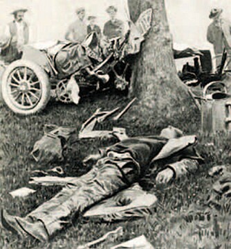 Illustrasjon basert på et fotografi, som ble tatt etter at Loraine Barrow krasjet i et tre. Mekanikeren døde på stedet, Barrow noen uker senere.