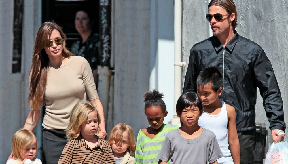 STORFAMILIE: Angelina og Brad sammen med barna Maddox, Pax, Zahara, Shiloh og tvillingene Knox og Vivienne.