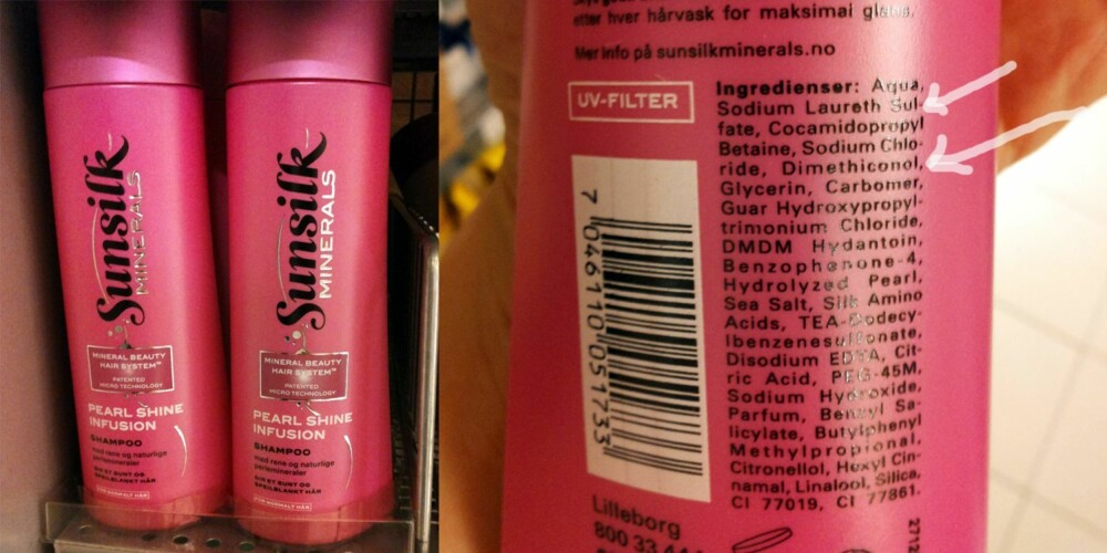 SUNSILK: Butikksjampoen Sunsilk er rimelig og populær. De benytter det mildeste sulfatet (soidum laureth sulfat) som "vaskemiddel", men har et ganske høyt innhold av silikonet dimethiconol.