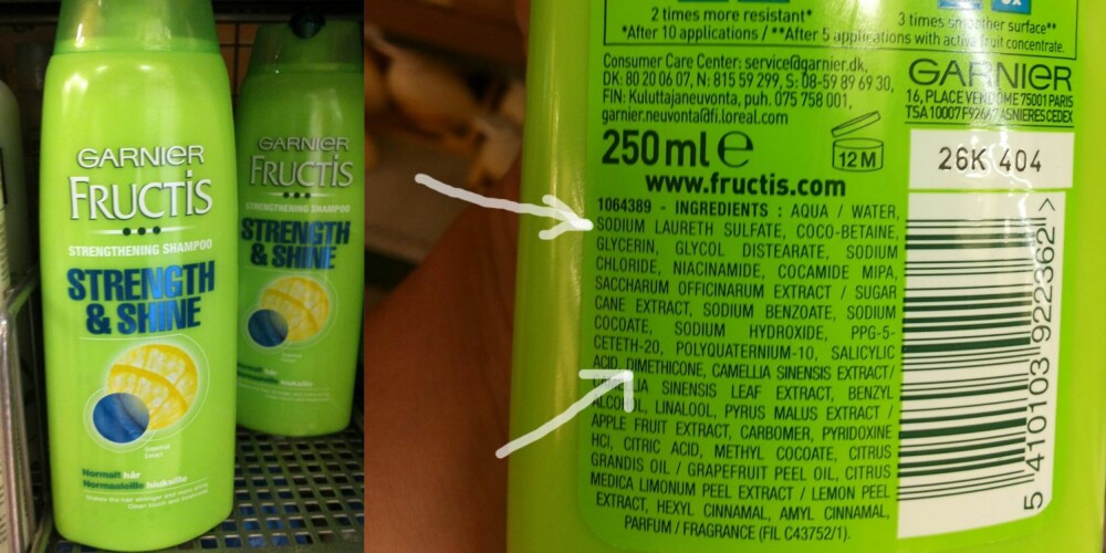 FRUCTIS: Garnier sin populære Fructis-sjampo vasker med et mildt sulfat, og silikonet kommer ikke inn før langt nede på ingredienslista.