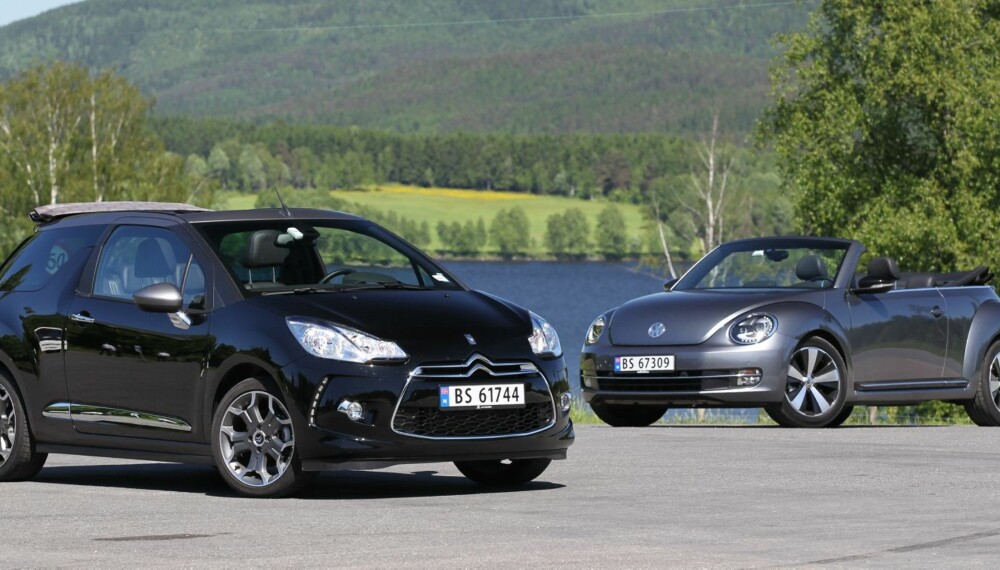 SOMMERVIBBER: Citroën DS3 Cabrio og VW Beetle Cabriolet gir begge gode sommervibber, og prisene er ikke avskrekkende. FOTO: Petter Handeland SOMMERVIBBER: Citroën DS3 Cabrio og VW Beetle Cabriolet gir begge gode sommervibber, og prisene er ikke avskrekkende. FOTO: Petter Handeland