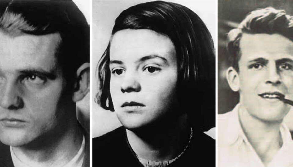 Søskenparet Hans (t.v.) og Sophie Scholl og vennen Christoph Probst delte ut løpesedler mot nazismen på universitetet i München og skrev slagord mot Hitlers regime på veggene i byen. De ble avslørt og umiddelbart halshugget.