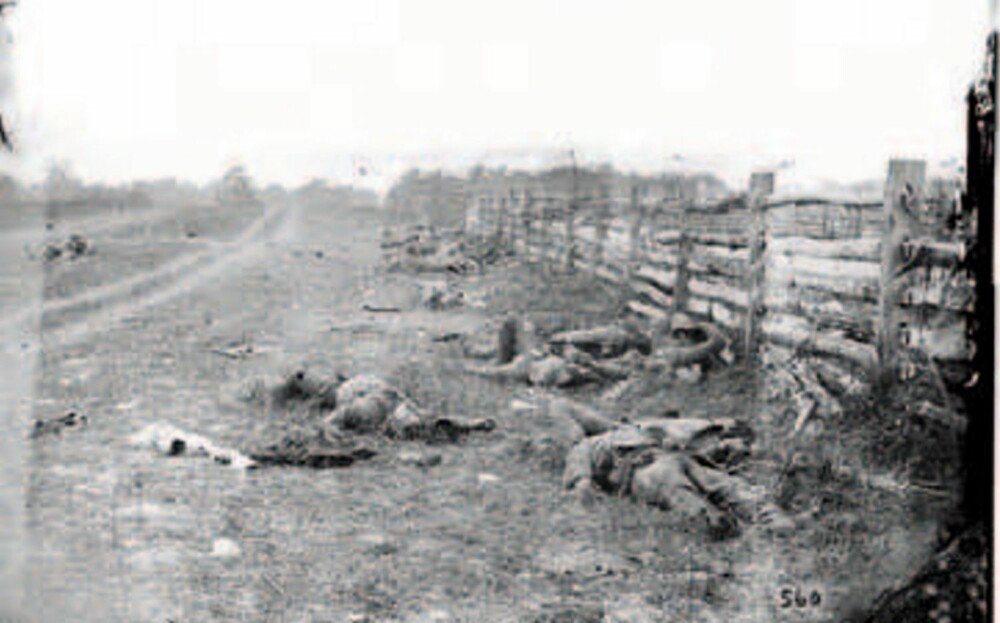 Alexander Gardner tok dette bildet etter slaget ved Antietam i Maryland 17. september 1862. Rundt 3500 soldater mistet livet denne dagen. Bildet viser falne sørstatssoldater langs den beryktede Hagerstown-veien. Her var kampene brutale, med frontene bare få meter fra hverandre. Gjerdet ga liten beskyttelse.