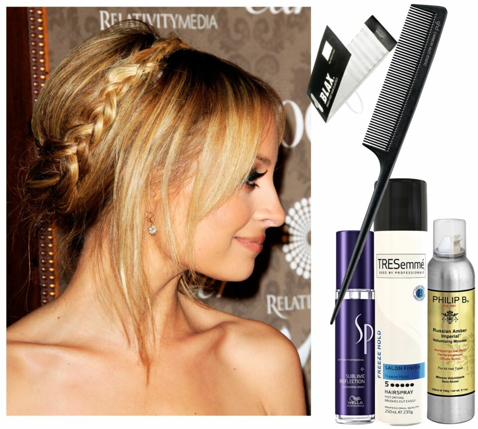 SESONGENS FINESTE TRENDFLETTE: Flett deg fin som Nicole Richie. Øverst fra høyre: Hårstrikker fra Blax, kr 79. GHD spisskam, kr 99. TRESemmé Freeze holdhairspray, kr 65. SP Wella Sublime Reflection, kr 279. Philip B Russian Amber Imperial Volumizing Mousse, kr 335.