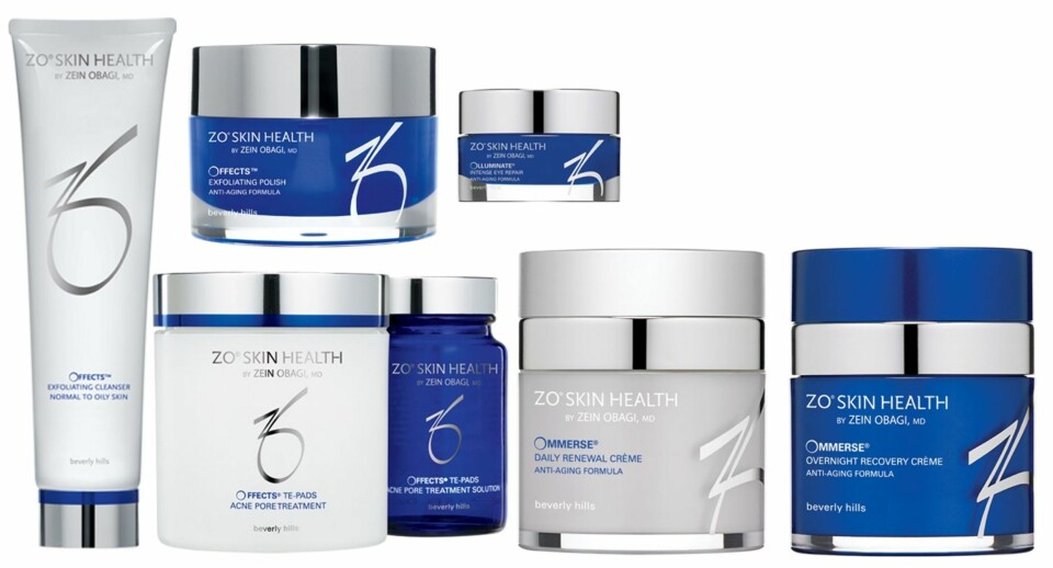 PRODUKTENE: Her er produktene jeg testet. ZO Skin Health Offects Exfoliating cleanser, Offects Exfoliating Polish, Offects TE-Pads Acne Pore Treatment, Ommerse Renewal Creme, Ommerse Overnight Recovery Creme og Olluminate Intense Eye Repair.